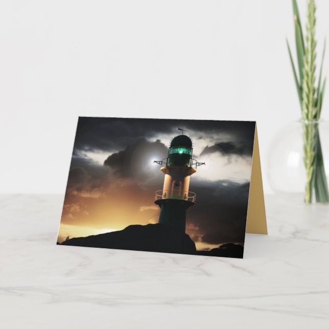 Lighthouse at Sunset Nautical Custom Greeting Card (Front)