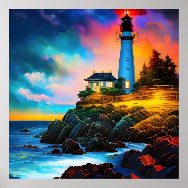 Lighthouse at Sunset Poster (Front)