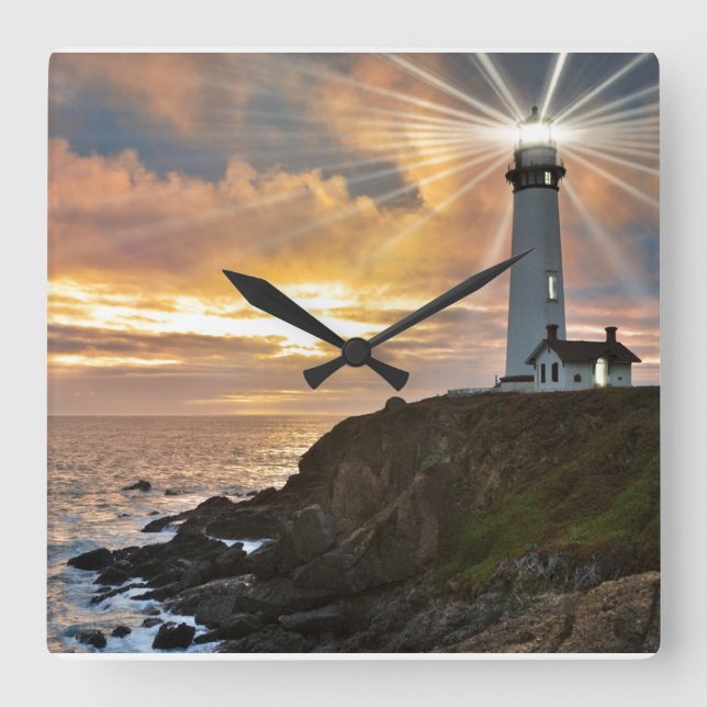 Lighthouse at Sunset Square Wall Clock (Front)