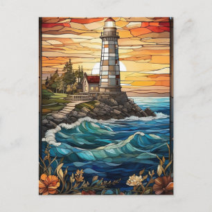 Lighthouse at Sunset Stained Glass Illustration Postcard