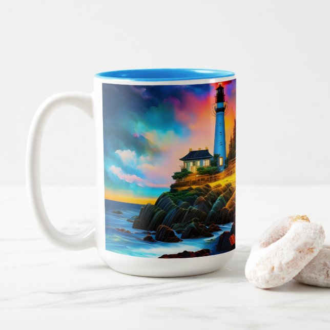 Lighthouse at Sunset Two-Tone Coffee Mug (With Donut)