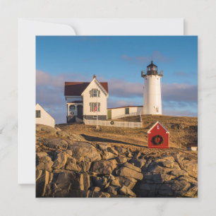 Lighthouse at Sunset with Christmas Decorations Holiday Card
