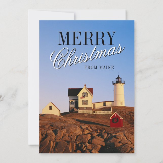 Lighthouse at Sunset with Christmas Decorations Holiday Card (Front)