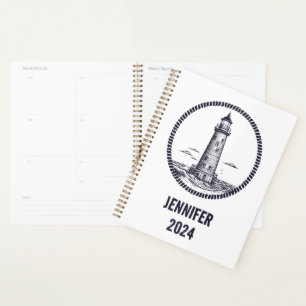 Lighthouse at the sea in round rope frame planner
