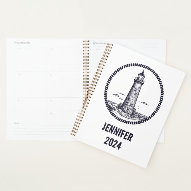 Lighthouse at the sea in round rope frame planner (Display)