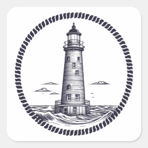 Lighthouse at the sea in round rope frame square sticker