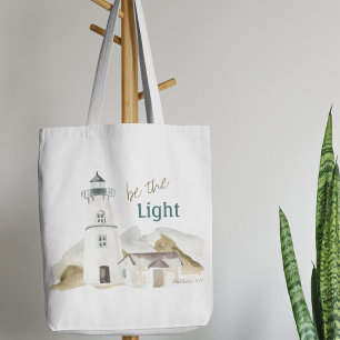 Lighthouse "Be the Light" Watercolor Motivational Tote Bag