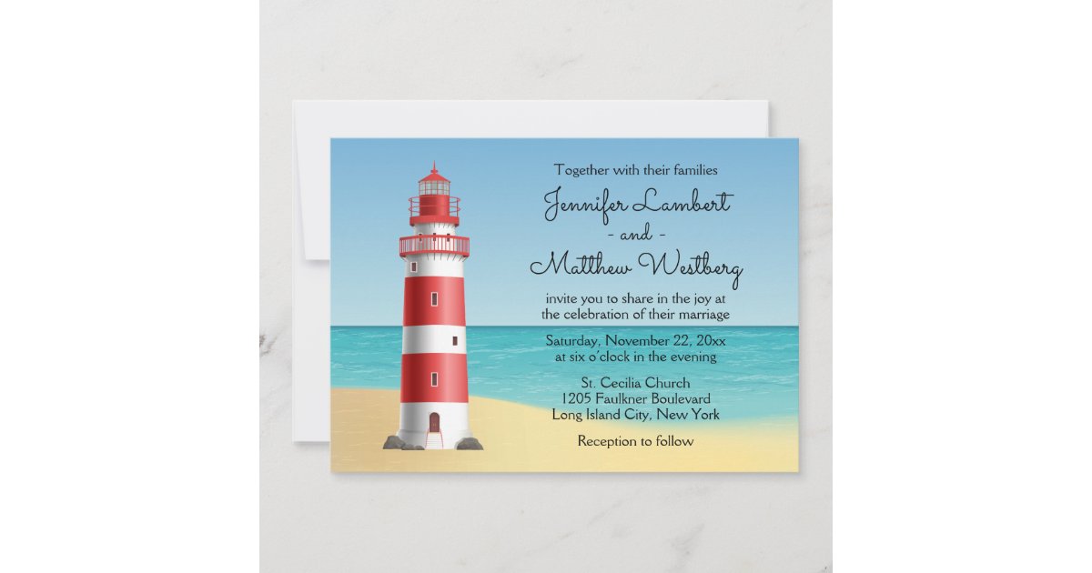 Lighthouse Beach Blue Nautical Wedding Invitation | Zazzle
