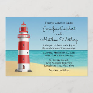 Lighthouse Beach Blue Nautical Wedding Invitation