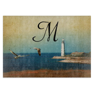 Lighthouse Beach Monogram Glass Cutting Board