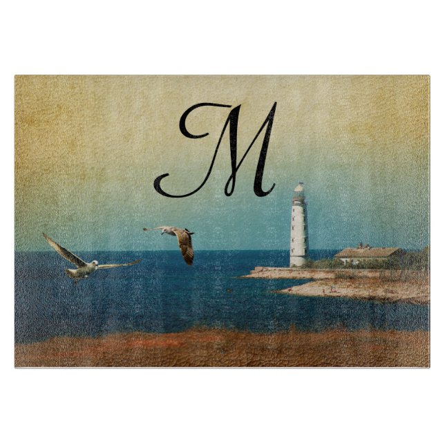 Lighthouse Beach Monogram Glass Cutting Board (Front)