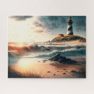 Lighthouse, Beach, Ocean, Waves Jigsaw Puzzle