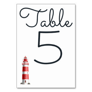 Lighthouse Beach Red White Nautical Wedding Table Number