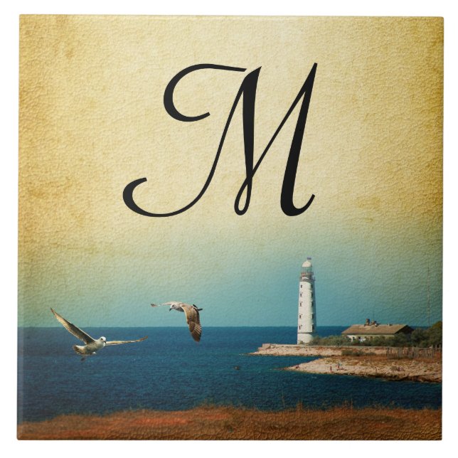 Lighthouse Beach Scene Monogram Display Tile (Front)