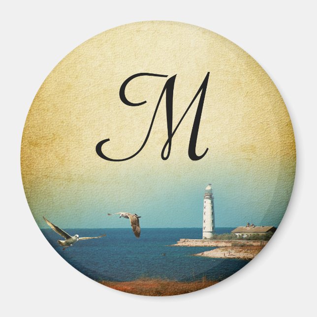 Lighthouse Beach Scene Monogram Initial Magnet (Front)