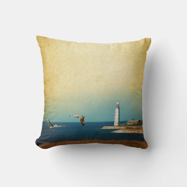 Lighthouse Beach Scene Throw Couch Pillow (Front)