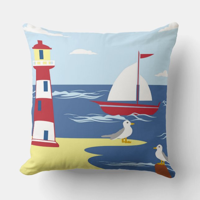 Lighthouse beach ship seagull  decor pillow (Front)
