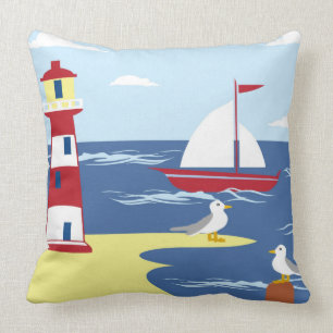 Lighthouse beach ship seagull decor pillow