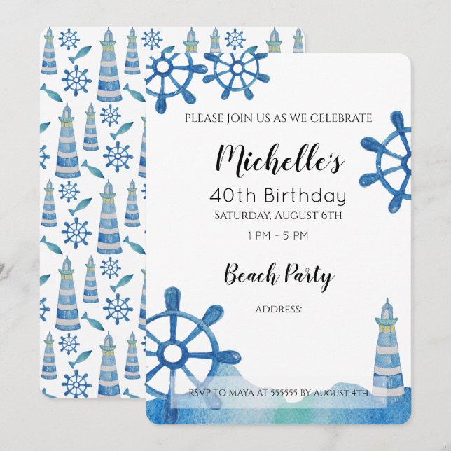 Lighthouse Beach Watercolor Hand-painted Invitatio Invitation (Front/Back)