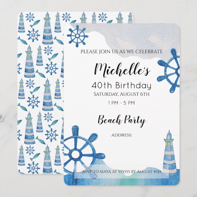 Lighthouse Beach Watercolor Hand-painted Invitatio Invitation (Front/Back)