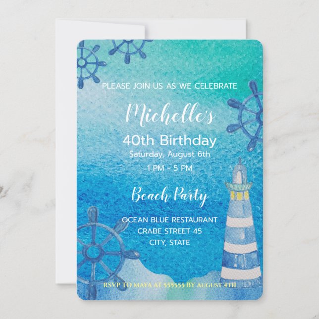 Lighthouse Beach Watercolor Hand-painted Invitatio Invitation (Front)