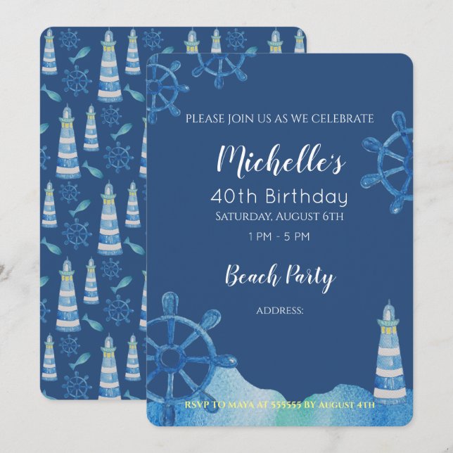 Lighthouse Beach Watercolor Hand-painted Invitatio Invitation (Front/Back)