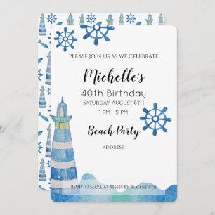 Lighthouse Beach Watercolor Hand-painted Invitation