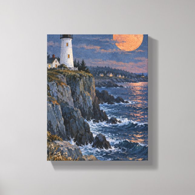 Lighthouse Beneath a Persimmon Moon Canvas Print (Front)