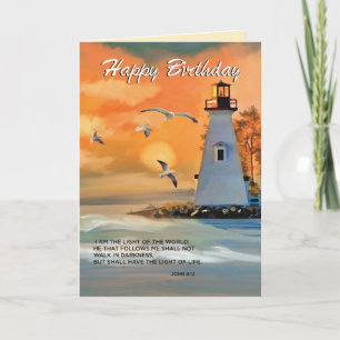 Lighthouse Birthday, Golden Sky, Religious Card