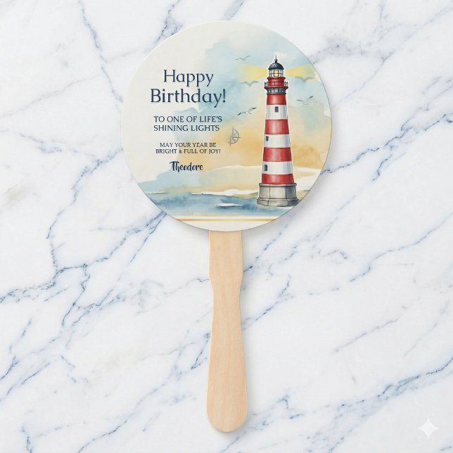 Lighthouse Birthday Shining Light Hand Fan (Keep your cool with a coastal birthday breeze.)