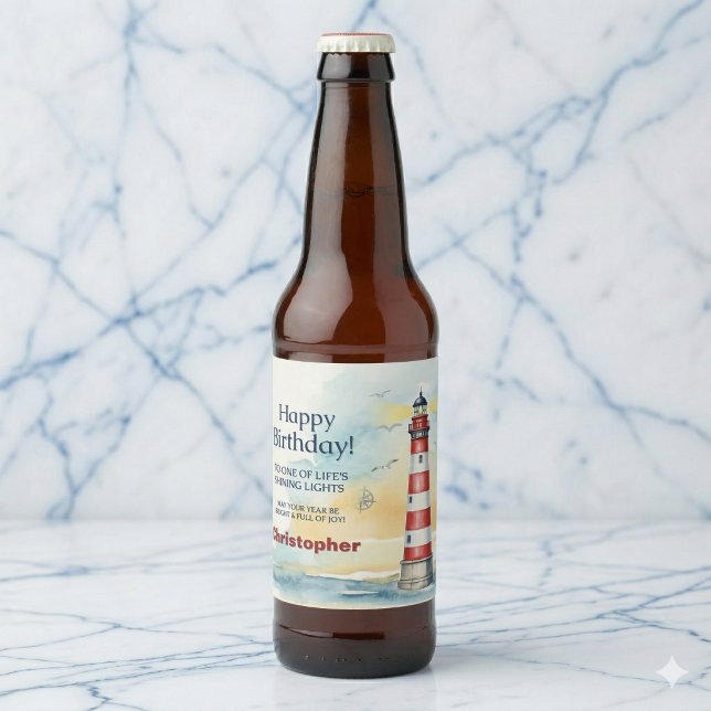Lighthouse Birthday Shining Light Personalised Beer Bottle Label (The ultimate thoughtful surprise for their special day.)