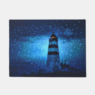 Lighthouse blue a rainy dark night with drops doormat