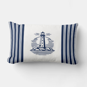 Lighthouse, Blue and White Nautical Lumbar Cushion