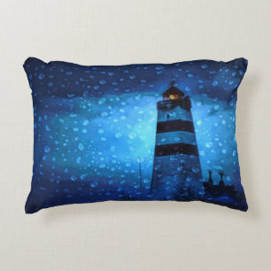 Lighthouse blue rainy dark night nautical storm decorative cushion