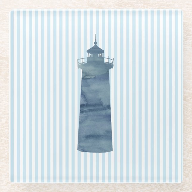 Lighthouse Blue Stripe Beach Decor Glass Coaster (Front)