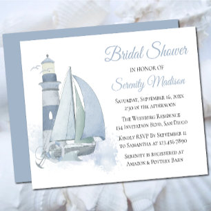 Lighthouse Blue Watercolor Nautical Bridal Shower Invitation