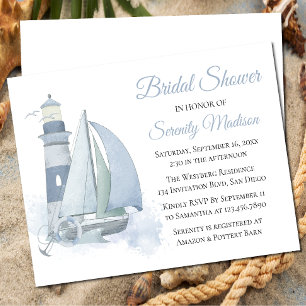 Lighthouse Blue Watercolor Nautical Bridal Shower Invitation