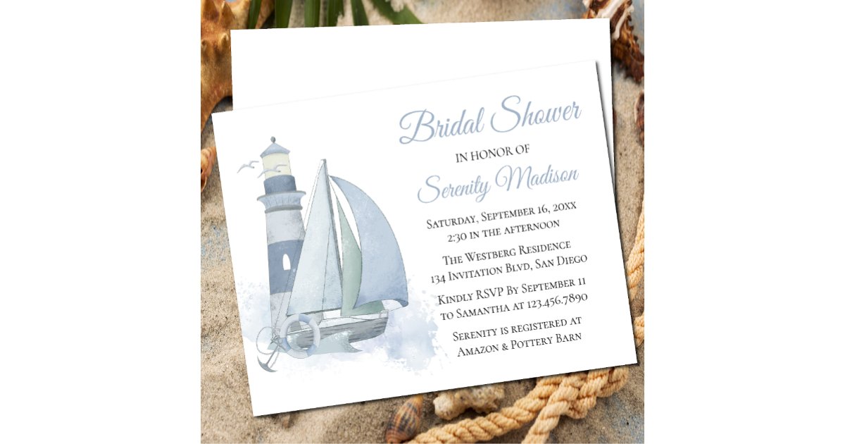 Lighthouse Blue Watercolor Nautical Bridal Shower Invitation | Zazzle