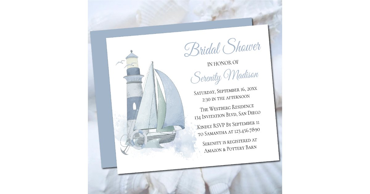 Lighthouse Blue Watercolor Nautical Bridal Shower Invitation | Zazzle
