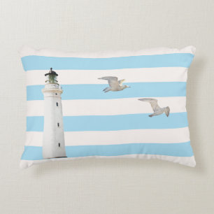 Lighthouse blue white nautical stripes decorative cushion