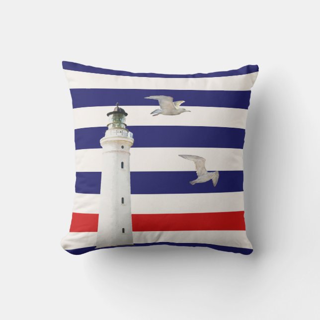 Lighthouse blue white red nautical stripes cushion (Front)
