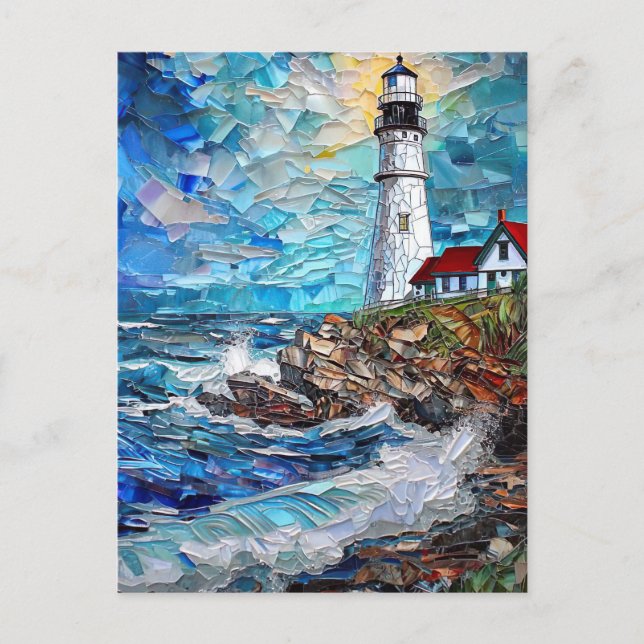 Lighthouse by the Sea Glass Mosaic Style Postcard (Front)