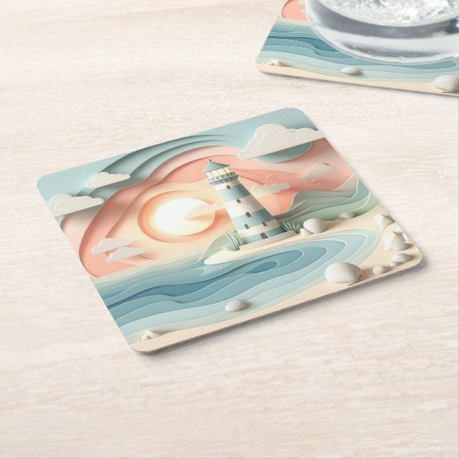 Lighthouse By The Sea Square Paper Coaster (Angled)