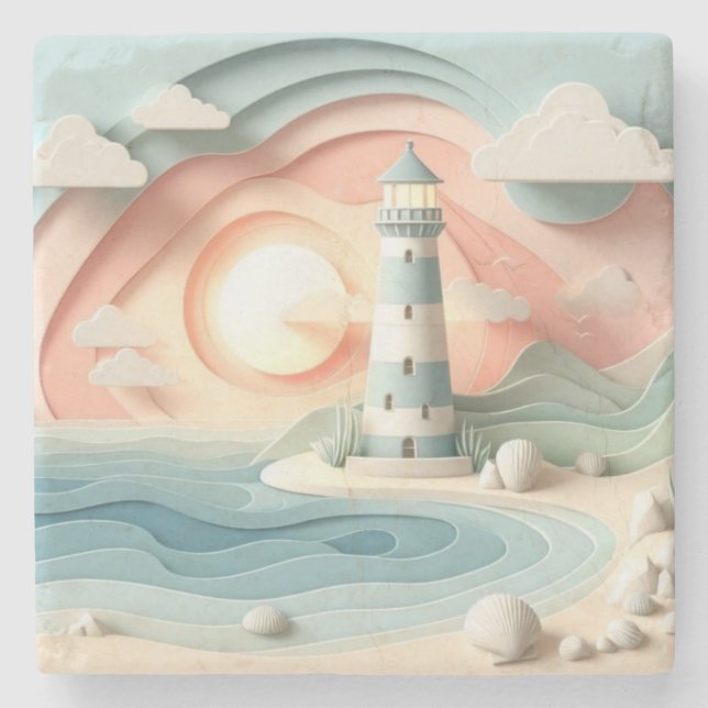 Lighthouse By The Sea Stone Coaster (Front)