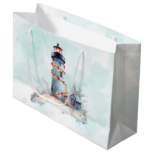 Lighthouse Christmas Coastal Holiday Large Gift Bag (Front Angled)