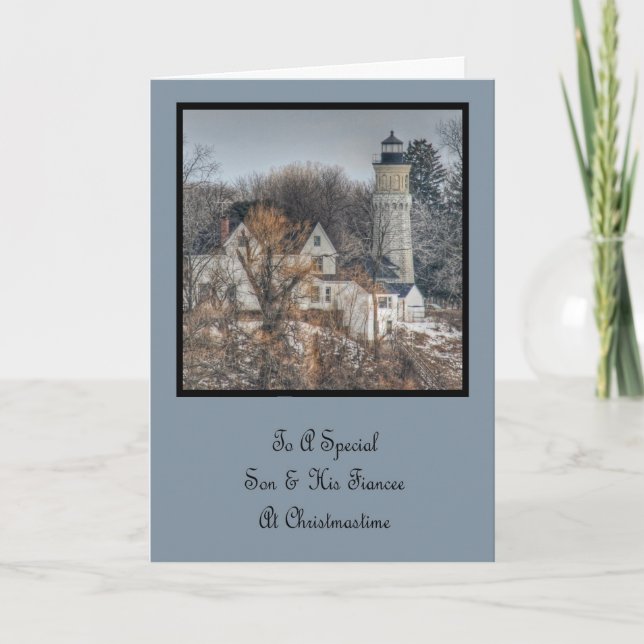 Lighthouse Christmas Son & Fiancee Holiday Card (Front)