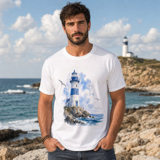 Lighthouse Coastal Blue and White Men’s T-Shirt