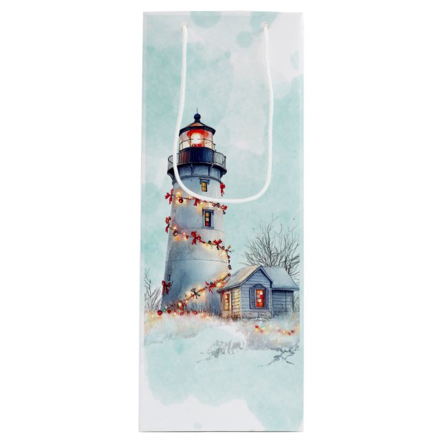 Lighthouse Coastal Holiday Christmas Wine Gift Bag (Front)