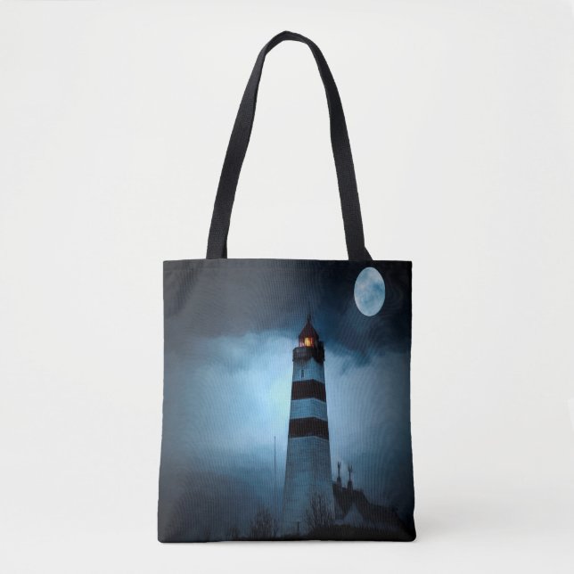 Lighthouse dark night with moon tote bag (Front)