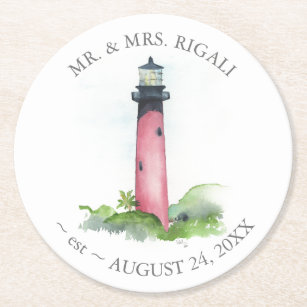 Lighthouse Destination Wedding Keepsake  Round Paper Coaster